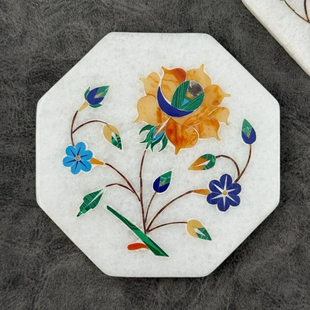 TWO (2) Handmade White Stone Tiles Coasters Inlaid Lapis Pietradura Floral 4